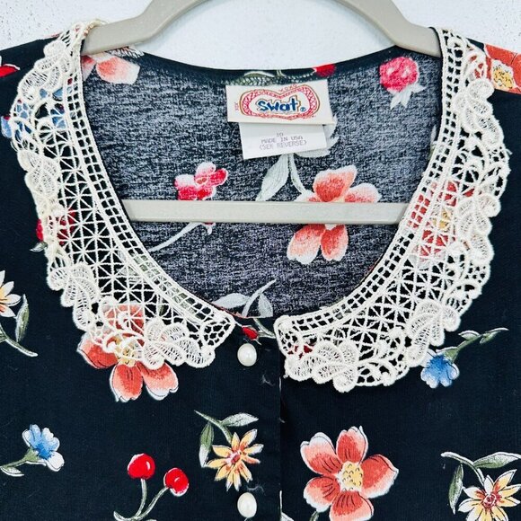 Vintage 90s Lace Collared Floral Cottagecore Mini Dress Retro Feminine Belted - Picture 8 of 9